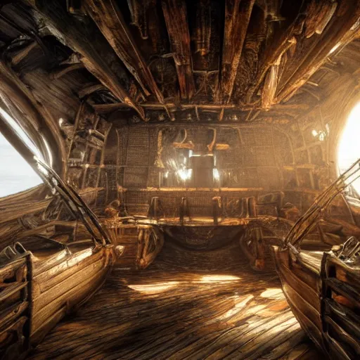 Image similar to interior of a shipwrecked pirate ship, stunning atmosphere, high octane, cinematic lighting 4 k - - aspect