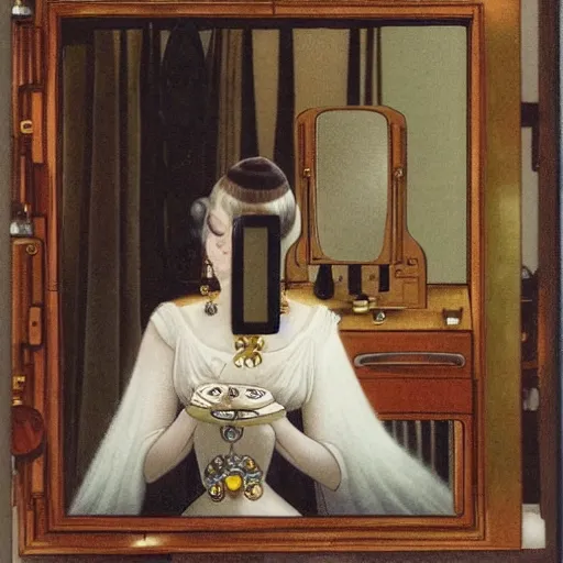 Image similar to a young woman seated at a dressing table, looking at herself in a mirror. She is wearing a white dress and a pearl necklace. Her hair is styled in a loose updo. On the table in front of her are several perfume bottles and a box of powder. dieselpunk by John Bauer