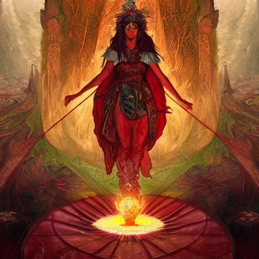 Image similar to a detailed tarot card of a shaman casting a spell, female, crimson colored, crackling green lightning, fantasy, d & d, intricate, elegant, highly detailed, digital painting, artstation, concept art, matte, sharp focus, illustration, in the style of magic the gathering, art by artgerm and greg rutkowski and alphonse mucha