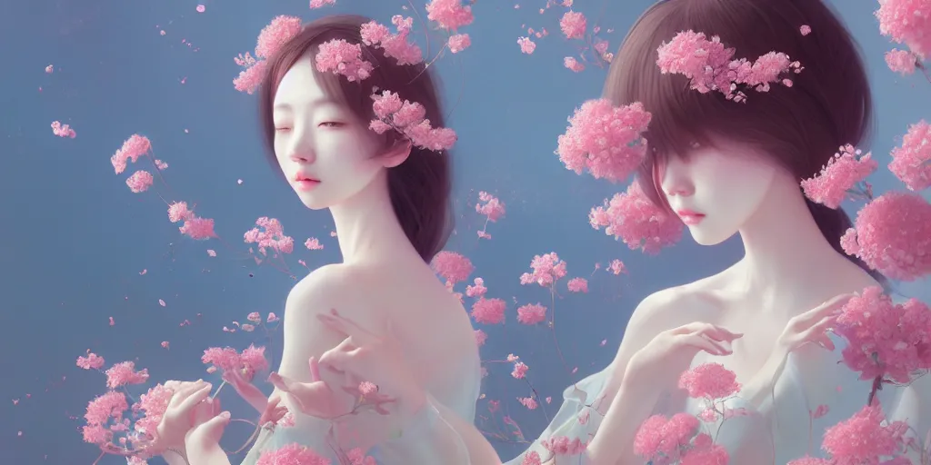 Image similar to breathtaking delicate detailed concept art with flowers and girls, by hsiao - ron cheng, bizarre compositions, exquisite detail, pastel colors, ornate background, 8 k