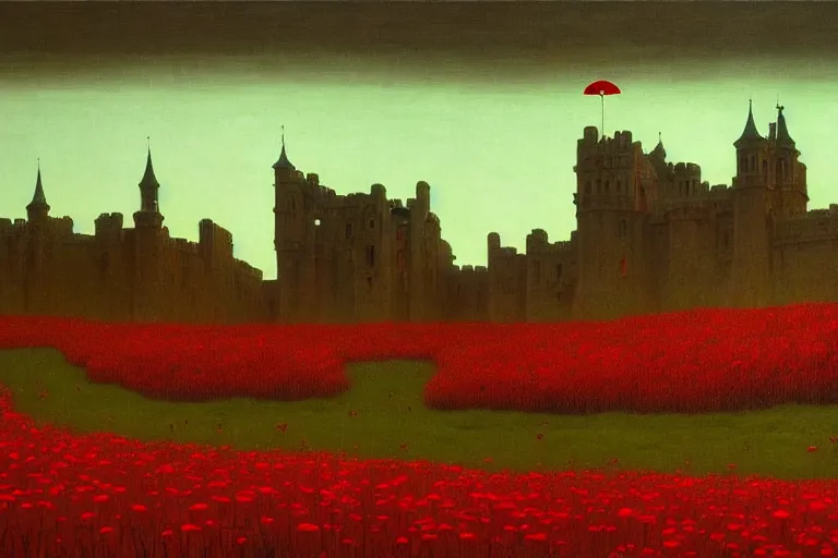 Image similar to only with red, red flowers of different types, red castle in background, red medieval goblins, in the style of beksinski, parts by edward hopper, parts by rodcenko, parts by yue minjun, intricate and epic composition, red by caravaggio, insanely quality, highly detailed, masterpiece, red light, artstation, 4 k