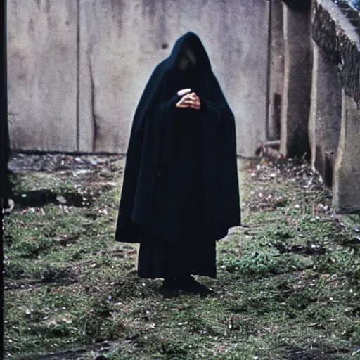 Image similar to man in black hooded cloak holds a bird, kodak vision 3 500t