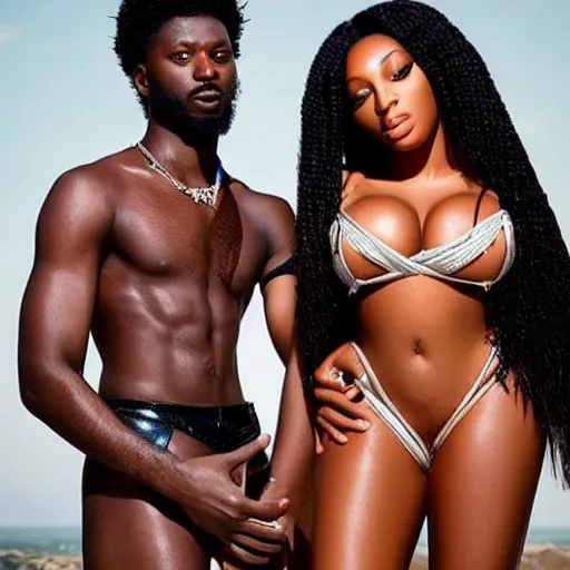 Prompt: realistic, east african man with curly hair next to megan thee stallion, seductive, romantic, dreamy tones, realistic, full body, love, sharp focus, editorial