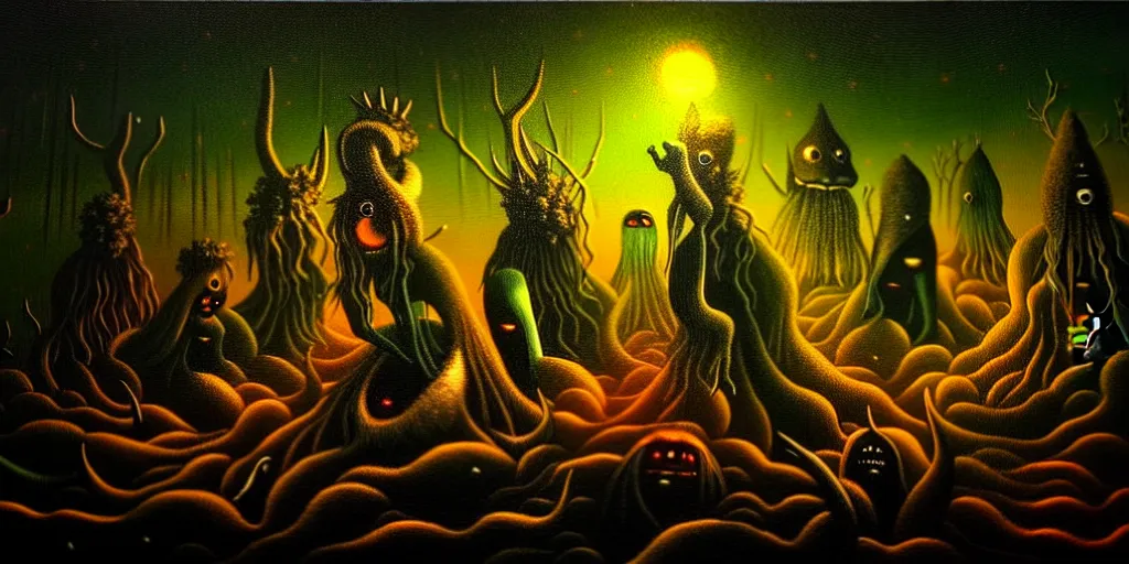 Image similar to creatures lurking in the collective unconscious, dramatic lighting from warm fire glow, in a dark surreal painting by ronny khalil