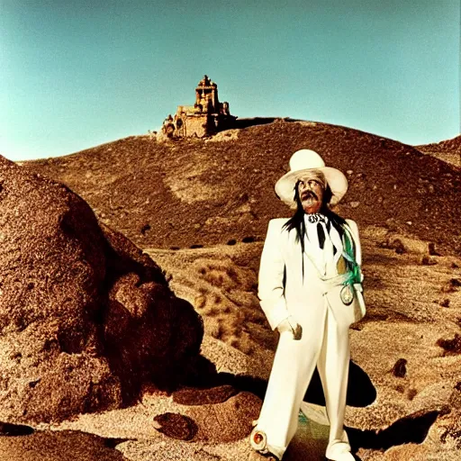 Image similar to salvador dali wearing a costume with jewels in a dry rocky desert landscape, visible sky and sunny atmosphere, film still from the movie by alejandro jodorowsky with cinematogrophy of christopher doyle and art direction by hans giger, anamorphic lens, kodakchrome, very detailed photo, 8 k