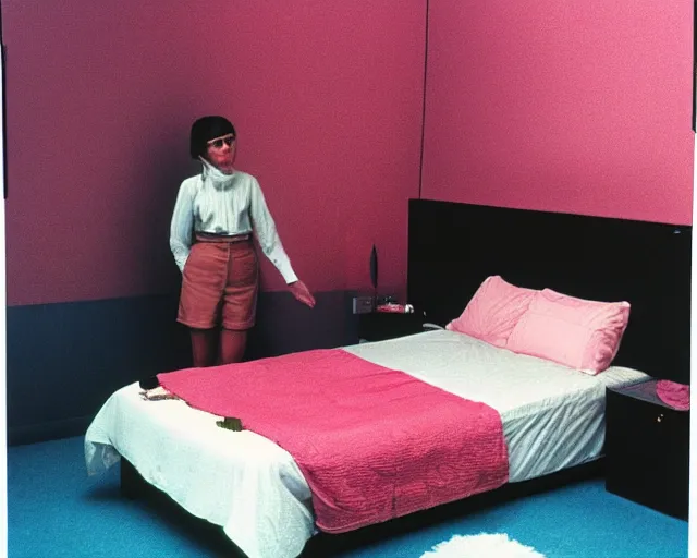 Image similar to a woman standing in a bedroom next to a bed, a colorized photo by Wes Anderson and Wilhelm Sasnal, tumblr, precisionism, 1970s, matte photo, provia , movie still