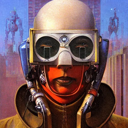 Image similar to portrait of masked cyberpunk scientist on the art deco streets of the Empire city, award-winning realistic sci-fi concept art by Beksinski, Bruegel, Greg Rutkowski, Alphonse Mucha, and Yoshitaka Amano