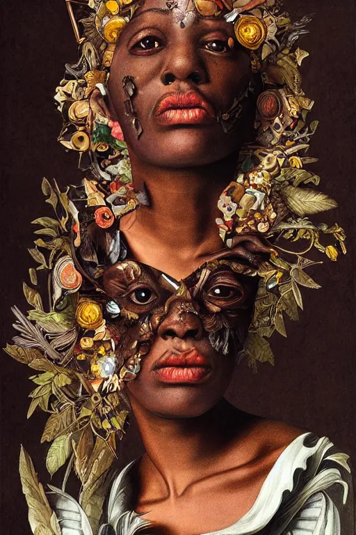 Image similar to Detailed maximalist portrait with dark skin, with large lips and with large white eyes, exasperated expression, HD mixed media, 3D collage, highly detailed and intricate, surreal illustration in the style of Caravaggio, dark art, baroque