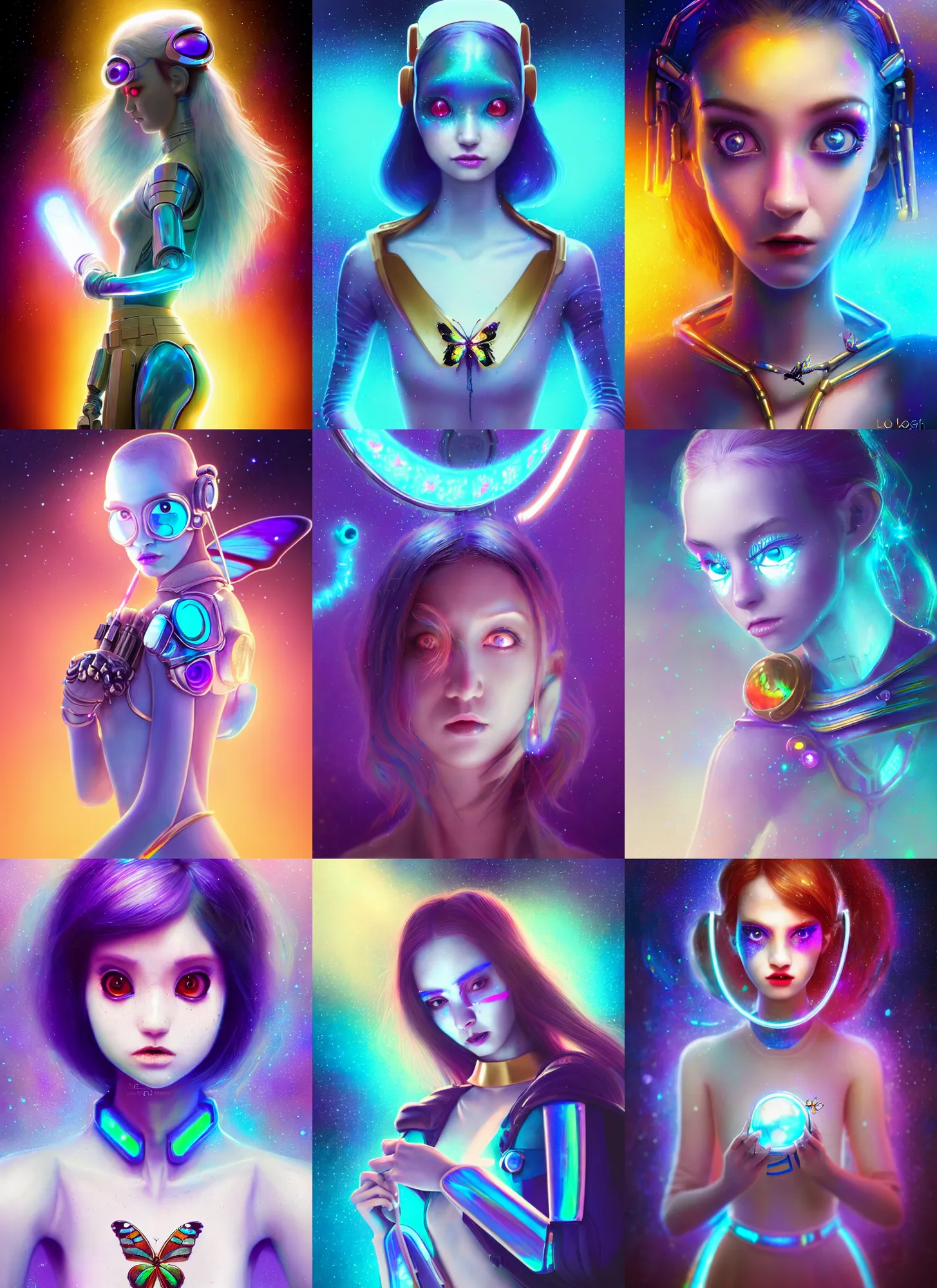 Prompt: pixar 8 k photo, beautiful shiny white porcelain rich galactic iridescent edc star wars clowncore cyborg college girl, morpho butterfly raver jewelry, golden ratio, sci fi, fantasy, cyberpunk, intricate, decadent, highly detailed, digital painting, octane render, artstation, concept art, smooth, sharp focus, illustration, art by loish, wlop