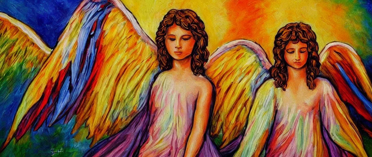 Image similar to biblically accurate angel, painting, artistic, angelic, colorful