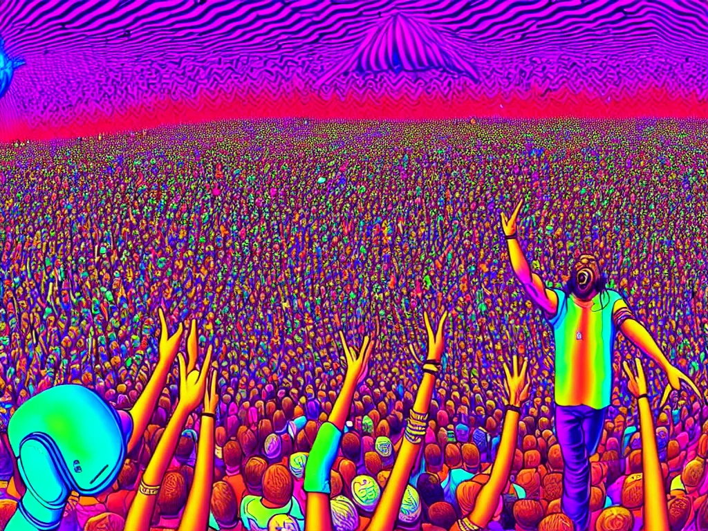 Image similar to rapping on stage at festival, holding microphone, giant crowd, epic angle, happy, psychedelic, hip hop, surreal, neon, vaporwave, detailed, illustrated by Alex Grey, 4k