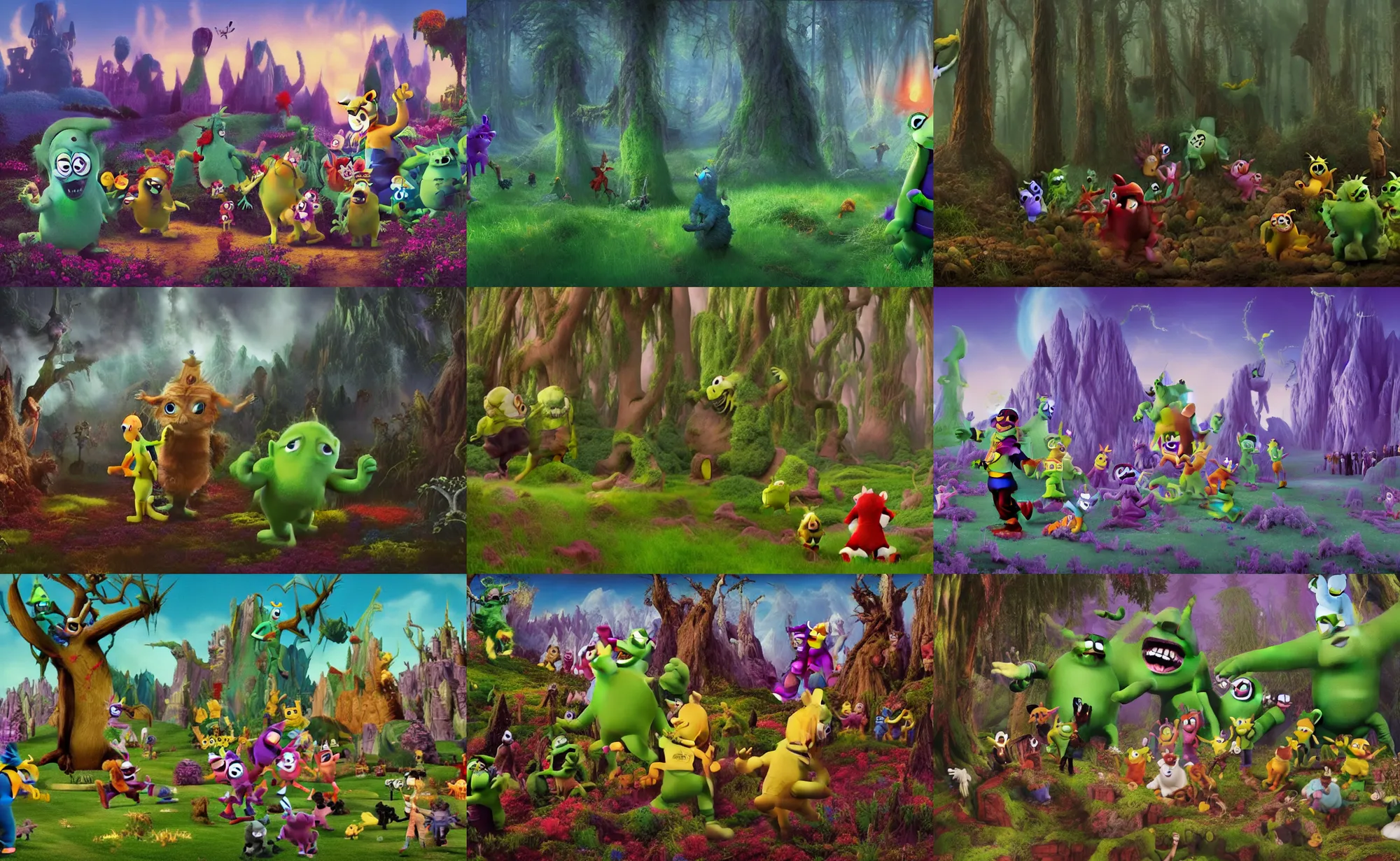 Prompt: Movie frame from the edgy Monster energy drink coloured Disney animated motion picture released in 1937, Monster energy drink Wimmelbild, a giant villain Teletubbies is murdering everyone with blood everywhere, beautiful enchanted forest full of critters, directed by Walt Disney, highly detailed background paintings by Thomas Kinkade, Minions digimon