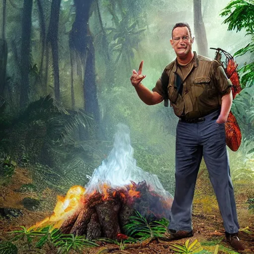 Prompt: Tom Hanks as forrest roasint a giant shrimp over a fire in the jungle, realistic digital painting, in the style of Aleksi Briclot, photoreailstic, realistic face, amazing detail, sharp