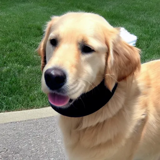 Prompt: Golden retriever wearing a black caps that says Valtra