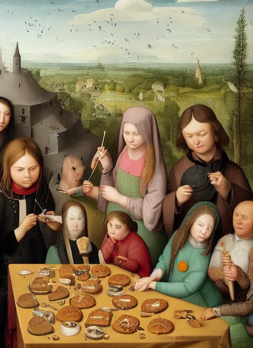 Image similar to greta thunberg eating cakes painted by hieronymus bosch, detailed digital art, trending on Artstation