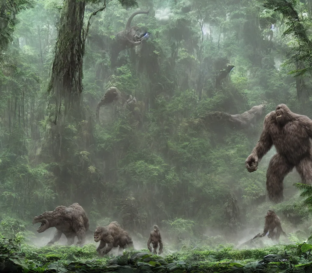 Prompt: matte painting of bigfoot in rain forest, large dinosaurs in background, style by blizzard concept artists