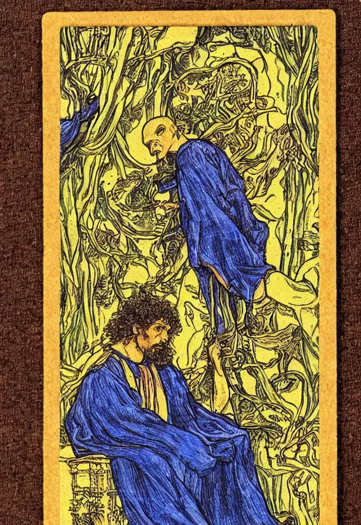 Prompt: Yoshua Bengio scientist drawn on the Tarot card. Illustration by preraphaelists.