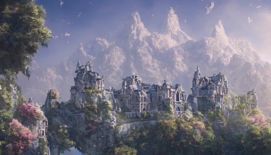 Image similar to marble manor with columns built in flowery mountains with birds in the sky, giant castle in the mountain in the background, hyperdetailed, artstation, cgsociety, 8 k