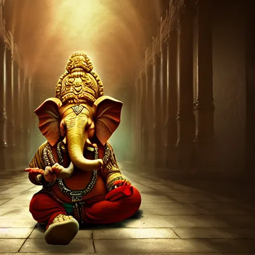 Prompt: realistic ganesha charging down a hallway yelling, cinematic, fantasy, 8 k, high detail, digital art