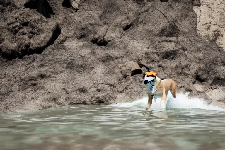 Image similar to a puppy is looking directly at the wavy water current below it while it stands at an edge of a cliff