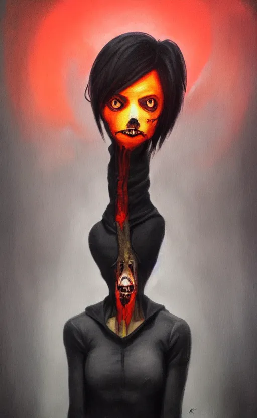 Image similar to dark portrait painting of tracer from overwatch, in style of zdzisław beksinski, scary, horror, overwatch tracer character, dressed in dark garment, tall,