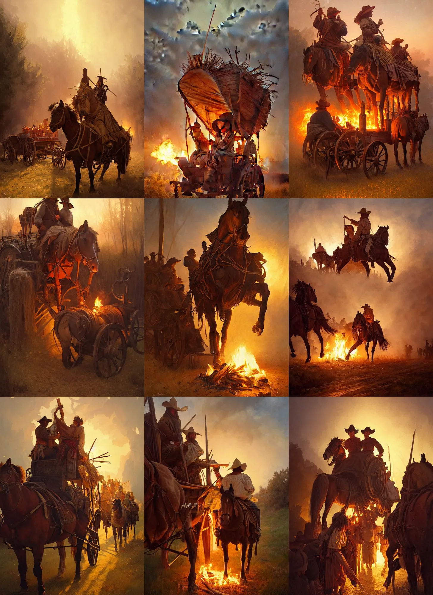 Prompt: travelers stagecoach caravan bonfire, emotional sad painting, very poor, medieval peasants, fantasy, cruel, dramatic lighting, intricate, wild, highly detailed, digital painting, artstation, concept art, smooth, sharp focus, illustration, art by artgerm and greg rutkowski and alphonse mucha