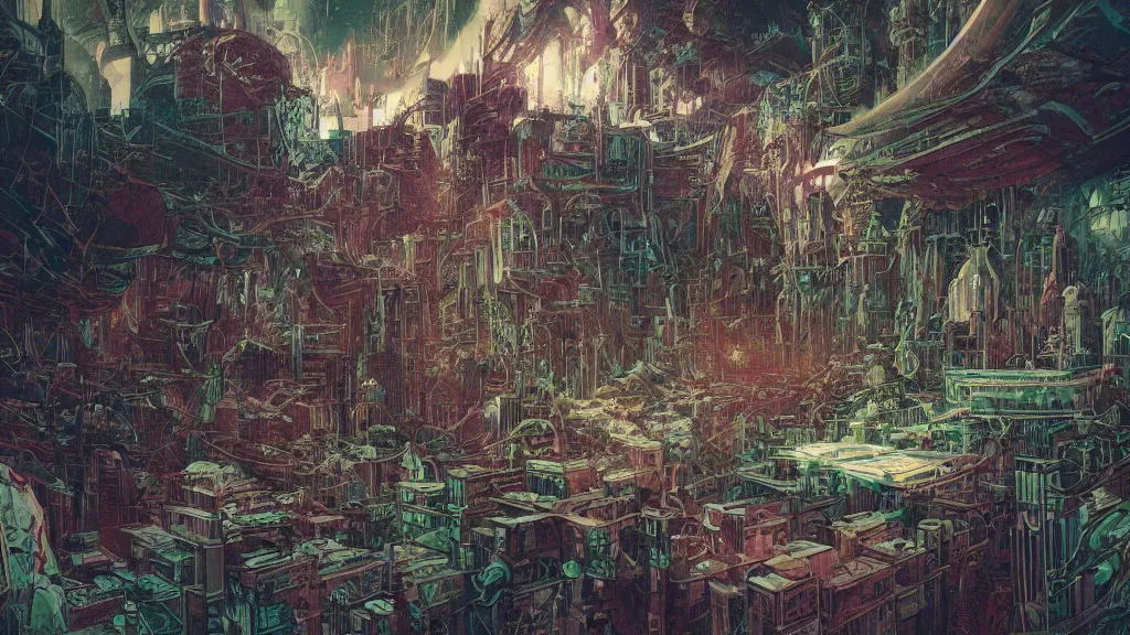 Prompt: very detailed masterpiece, epic prophet graphic novel, ilya kuvshinov, mcbess, rutkowski, simon roy, illustration of space dystopian jungle forest metropolis planet, illustration of decrepit cyberpunk arcologic ruins, event horizon in the sky, wide shot, colorful, deep shadows, astrophotography, hyperdetailed, cybernetics, cryengine, realistic shaded lighting, sharp focus