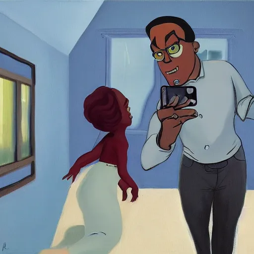 Prompt: stunning, coherent, beautiful painting, still of a giant man following a beautiful black bbw woman into her bedroom , she is taking a selfie of the creepy man is following her, 3d, in the style of pixar, comic book style, 3d, highly detailed, highly detailed, sharp focus, bokeh, depth of field, 16k resolution, Unreal Engine 5, coherent, cinematic lighting, photorealistic, by Zhang Jingna