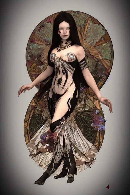 Prompt: a realistic dark photo of a mileena, woman, herpen dress jewelery and fractals in style of alphonse mucha art nuvo dmt trending on artstation made in unreal engine 4