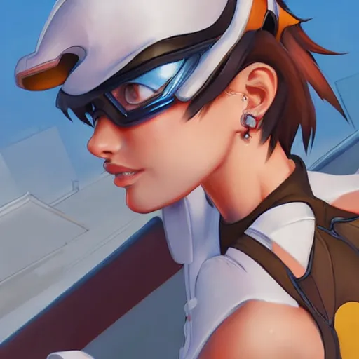 Image similar to digital artwork of tracer sitting on a rooftop, in the style of artgerm, detailed face, expressive face, feminine face,