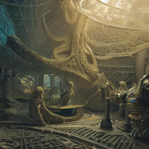 Image similar to magnificent fantasy terrarium, hyper realistic, global illumination, 8 k octane beautifully detailed render, post - processing, intricate futuristic mechanic parts, maya, blender, cinematic lighting + masterpiece, trending on artstation,