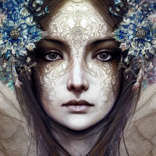Prompt: ornate, intricate, young, beautiful, woman, sad bleu eyes, fractal patterns, ethereal, flowers covering eyes, flowing hair, cinematic by Tsutomu Nihei by Emil Melmoth, Gustave Dore, Craig Mullins, yoji shinkawa,Luis Royo, skulls, artstation, pete morbacher, hyper detailed, high detail, artstation, rendering by octane, unreal engine, cinematic, ghost, clouds, colors, paint strokes, butterflies, gold, crown,