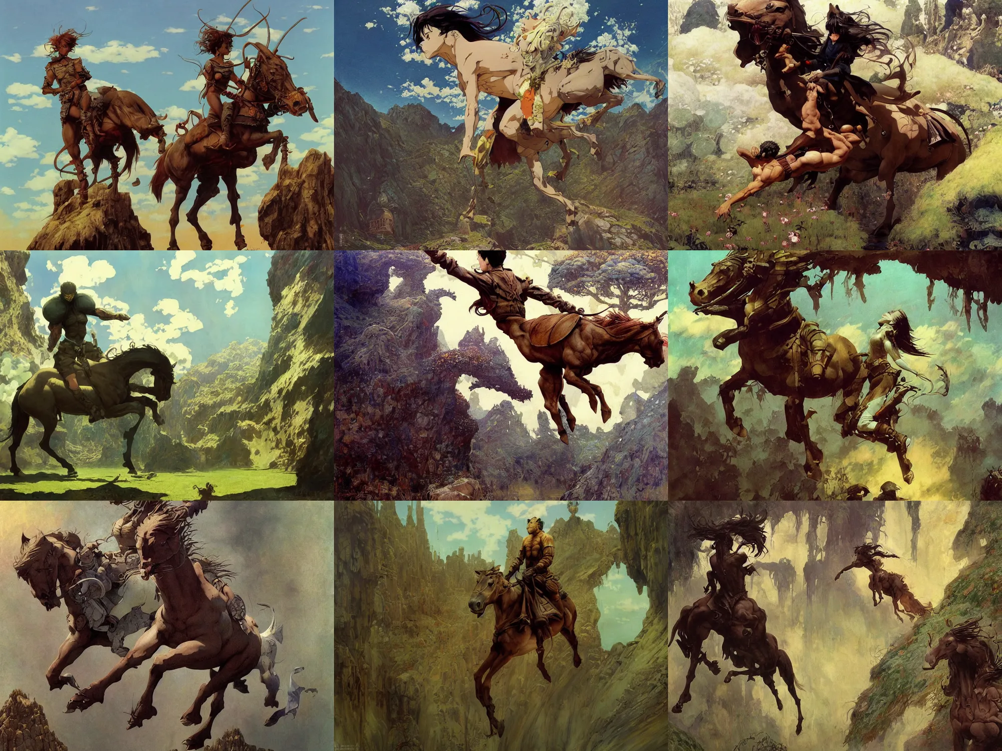 Prompt: concept art, trending on artstation, 3d, horses, fantasy, social realism, barocco, Frank Frazetta, Denis Sarazhin, klimt, Dean Ellis, Detmold Charles Maurice, levitation, 1993 anime, studio ghibli