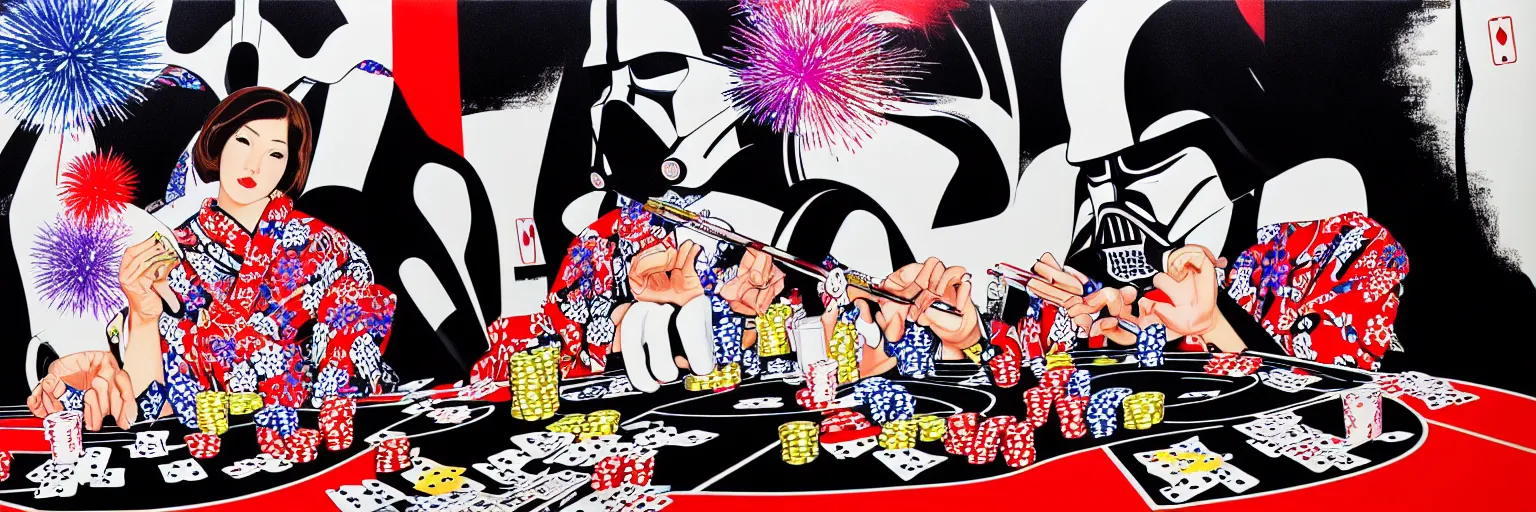 Image similar to hyperrealism composition of the detailed woman in a japanese kimono sitting at an extremely detailed poker table with darth vader and stormtrooper, fireworks on the background, pop - art style, jacky tsai style, andy warhol style, acrylic on canvas