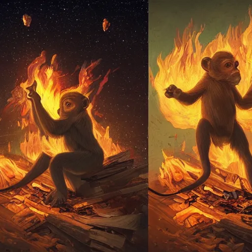 Image similar to [two monkeys throwing books in a bonfire, behind them space rockets are taking off. propaganda, closeup, D&D, intricate, elegant, highly detailed, digital painting, artstation, concept art, matte, sharp focus, illustration, art by Artgerm and Greg Rutkowski and Alphonse Mucha and Enki Bilal]