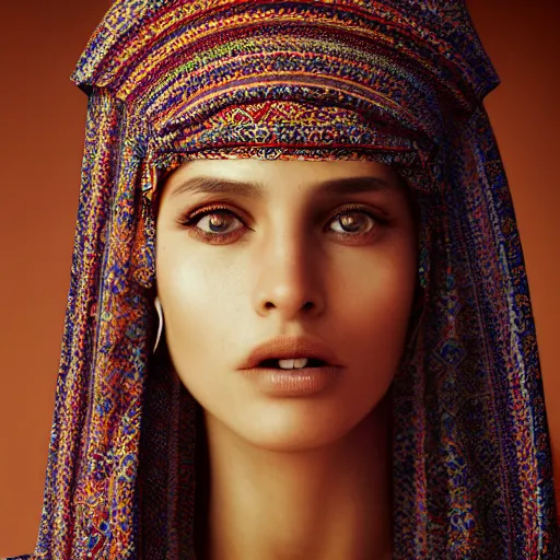 Image similar to portrait of a stunningly beautiful middle eastern tribal female, depth of field, zeiss lens, detailed, symmetrical, centered, fashion photoshoot, by Annie Leibovitz and Steve McCurry, David Lazar, Jimmy Nelsson, Breathtaking, 8k resolution, extremely detailed, beautiful, establishing shot, artistic, hyperrealistic, beautiful face, octane render