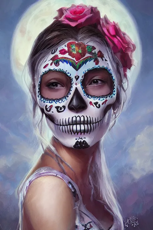 Image similar to illustration of a sugar skull day of the dead girl, art by jessica rossier