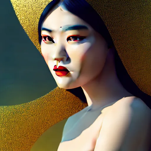 Image similar to innovative avant - garde art, deco fashion, asian women, highly detailed, photorealistic portrait, serene forest setting, golden hour, crisp quality and light reflections, octane render
