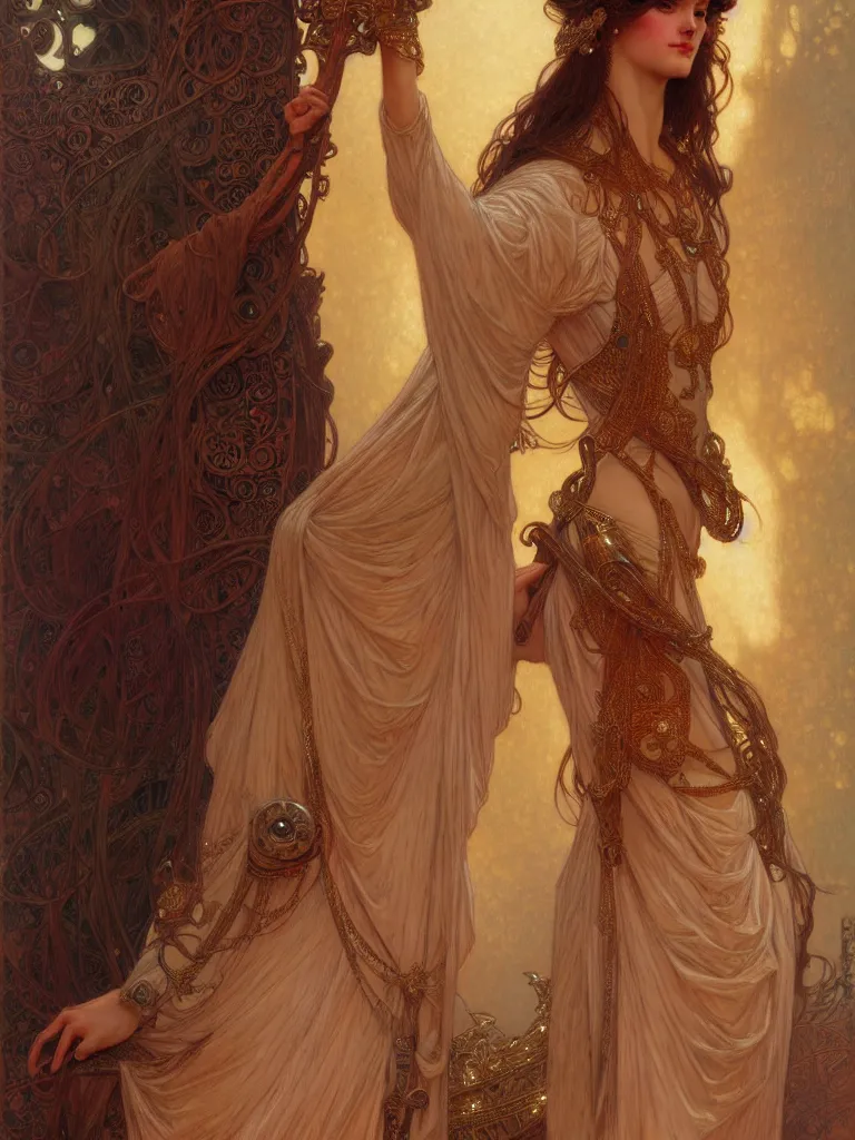 Image similar to character portrait of a woman, tall, feminine, powerful, modestly clothed, voluminous, intricate, elegant, highly detailed, digital painting, artstation, smooth, symmetrical, sharp focus, illustration, art by gaston bussiere and alphone mucha