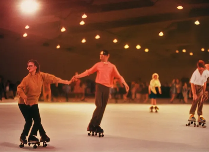 Image similar to a 35mm photograph of a man and a woman roller skating at a roller rink in the 1950's at sunset, bokeh, Canon 50mm, cinematic lighting, photography, retro, film, Kodachrome, award-winning, rule of thirds, golden hour