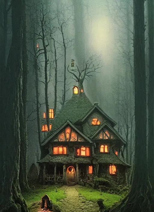 Prompt: hyper realistic witch cottage rococo in the woods moody lighting, highly detailed, painting by zdzisław beksinski and norman rockwell and greg rutkowskiweta studio, and lucasfilm