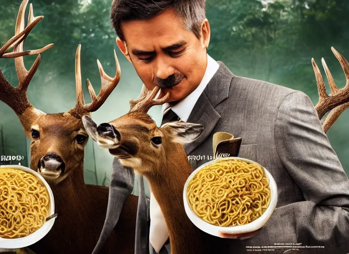 Prompt: a very high resolution image from a new movie, two deer wearing suits are eat instant noodles in a shabby temple