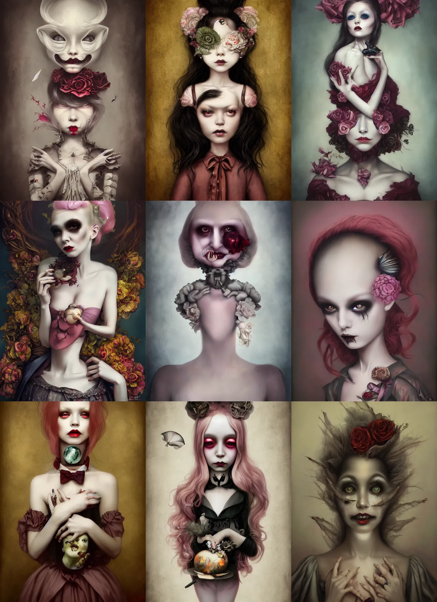 Prompt: very sinister smile, sinister intelligent girl, pop surrealism, lowbrow art, realistic haute couture painting, japanese street fashion, hyper realism, muted colours, rococo, natalie shau, loreta lux, tom bagshaw, mark ryden, trevor brown style,