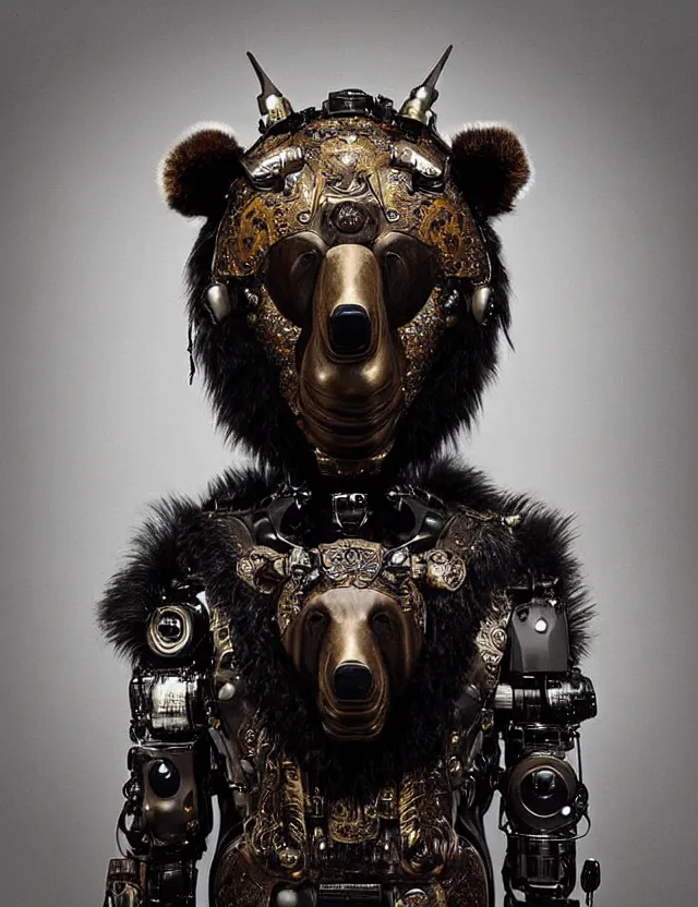 Image similar to 3 d black god wide angle portrait with bear skin and fur. beautiful intricately detailed avante garde bear mask and cybernetic outfit. ecodelic symbiosis, polyphonic communication, pulse projections, shipibo patterns, plasma, creature, artwork by tooth wu and android jones wlop and android jones and beeple and greg rutkowski