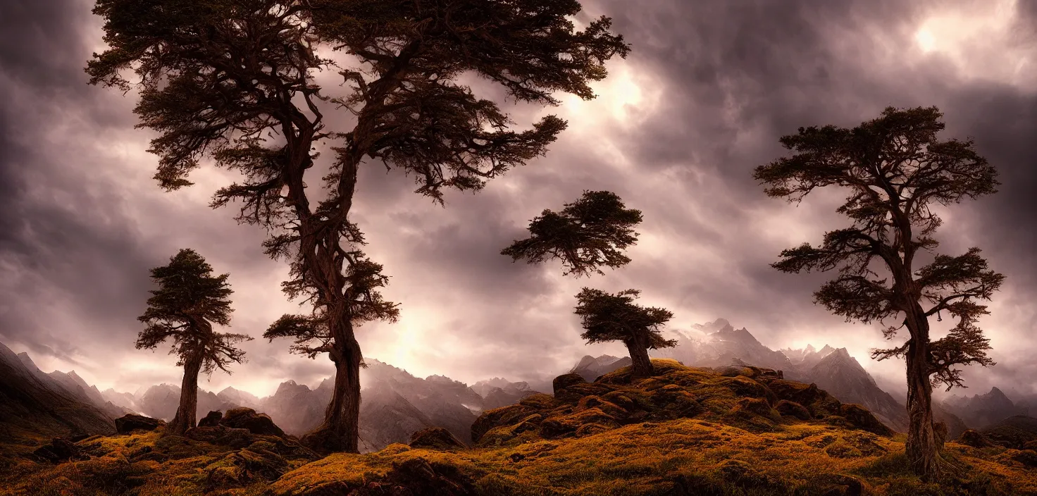 Image similar to amazing landscape photo of a lone cedar tree on a mountain by marc adamus, beautiful dramatic lighting