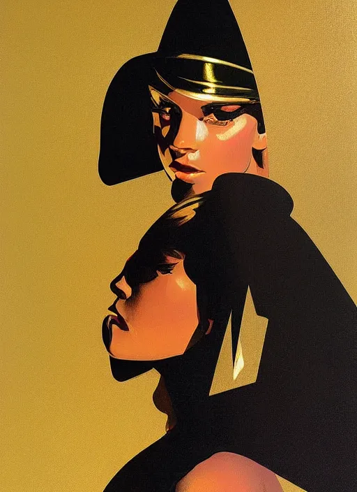 Image similar to a portrait of a beautiful girl in a gold foil hat painted by Syd Mead