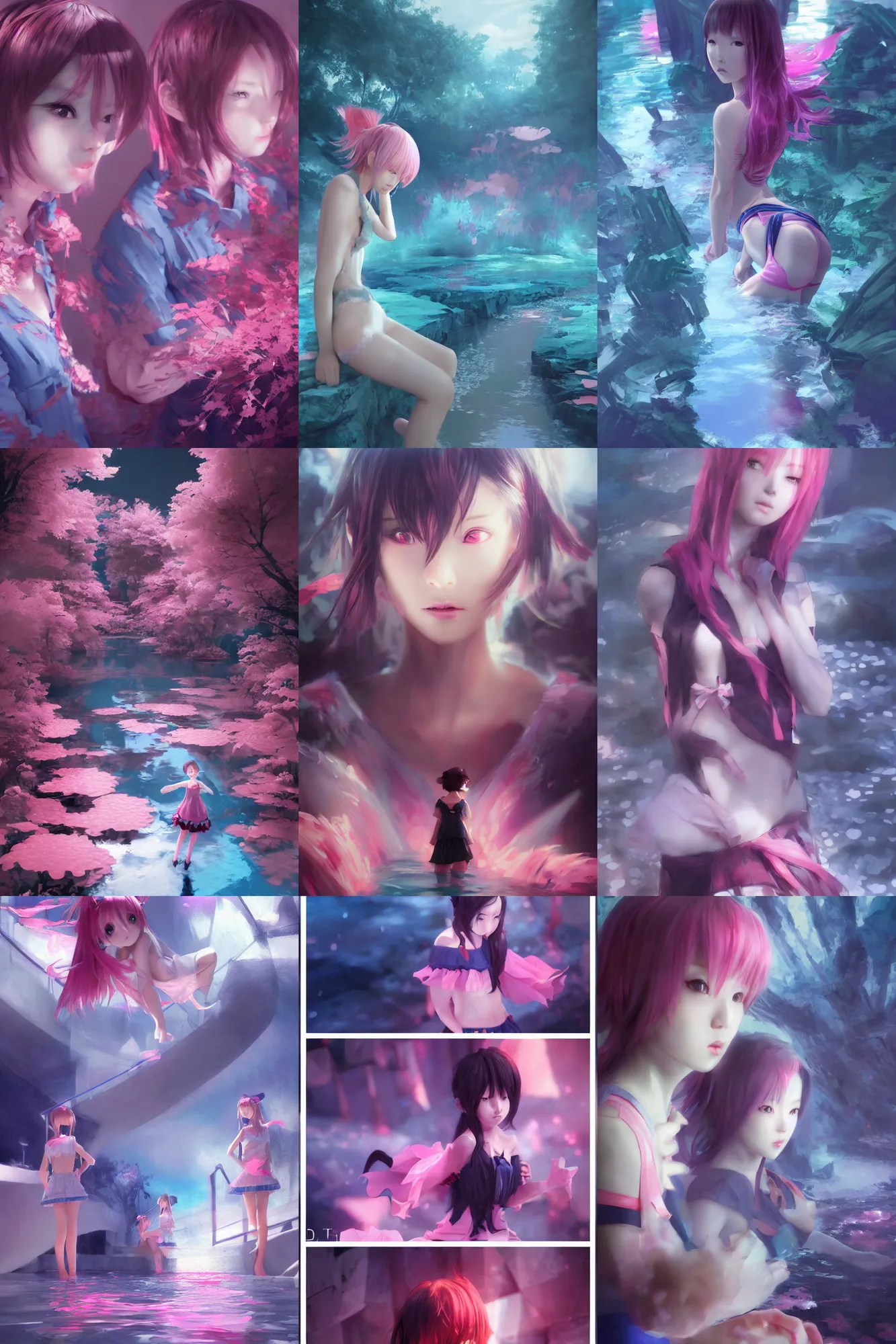 Prompt: 3d dark infrared octane render concept art by D. Jun, by Mo Xiang Tong Xiu, by Igarashi Daisuke by wlop, beauty portrait anime schoolgirls under dark pink and blue water. cute face. complex mirror deep stairs. dramatic light, trending on artstation.