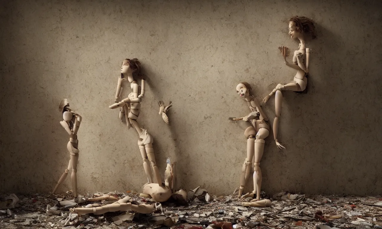 Prompt: a cinematic portrait of a beautiful female jointed wooden doll, holding each other, abandoned, left inside a room in a derelict house, old peeling wallpaper, broken toys are scattered around, rubbish, decay, sadness, by James C. Christensen, by Tomasz Alen Kopera, by Raphael, by Caravaggio, 8K, rendered in Octane, cinematic, 3D, volumetric lighting, highly detailed, photorealistic, hyperrealism
