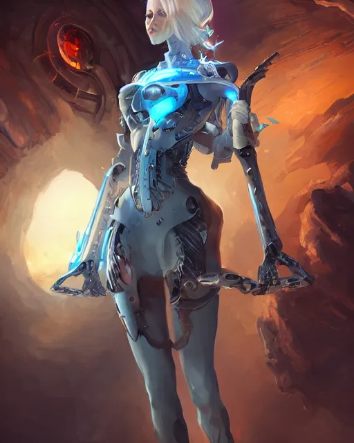 Image similar to holy cyborg necromancer girl, elegant, scifi, futuristic, utopia, garden, illustration, atmosphere, top lighting, blue eyes, white hair, focused, artstation, highly detailed, art by yuhong ding and chengwei pan and serafleur and ina wong