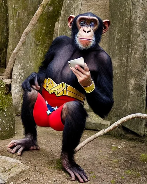 Prompt: A chimpanzee wearing a Wonder Woman outfit, holds a smart phone, photographed in the style of National Geographic, hyperreal